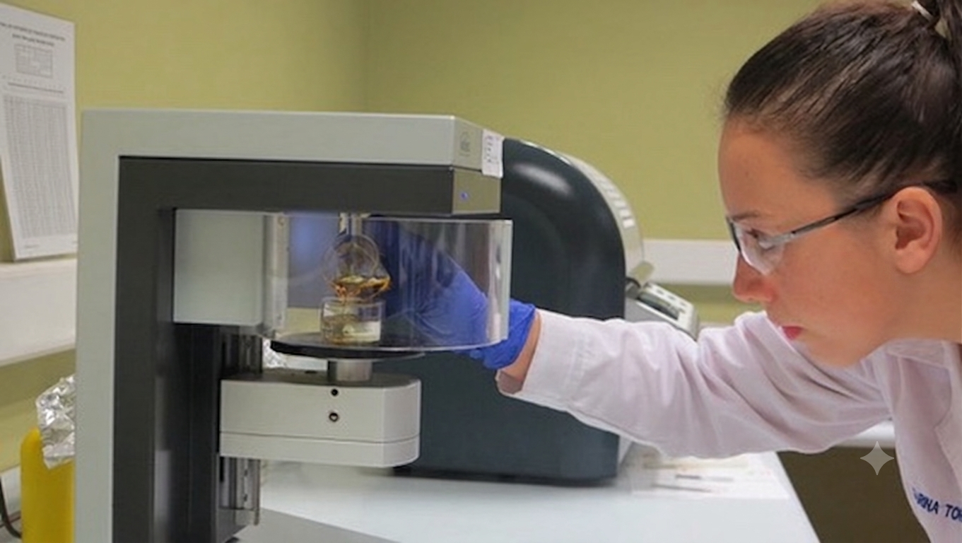 Especialista de laboratorio JORPA analizando una muestra de aceite